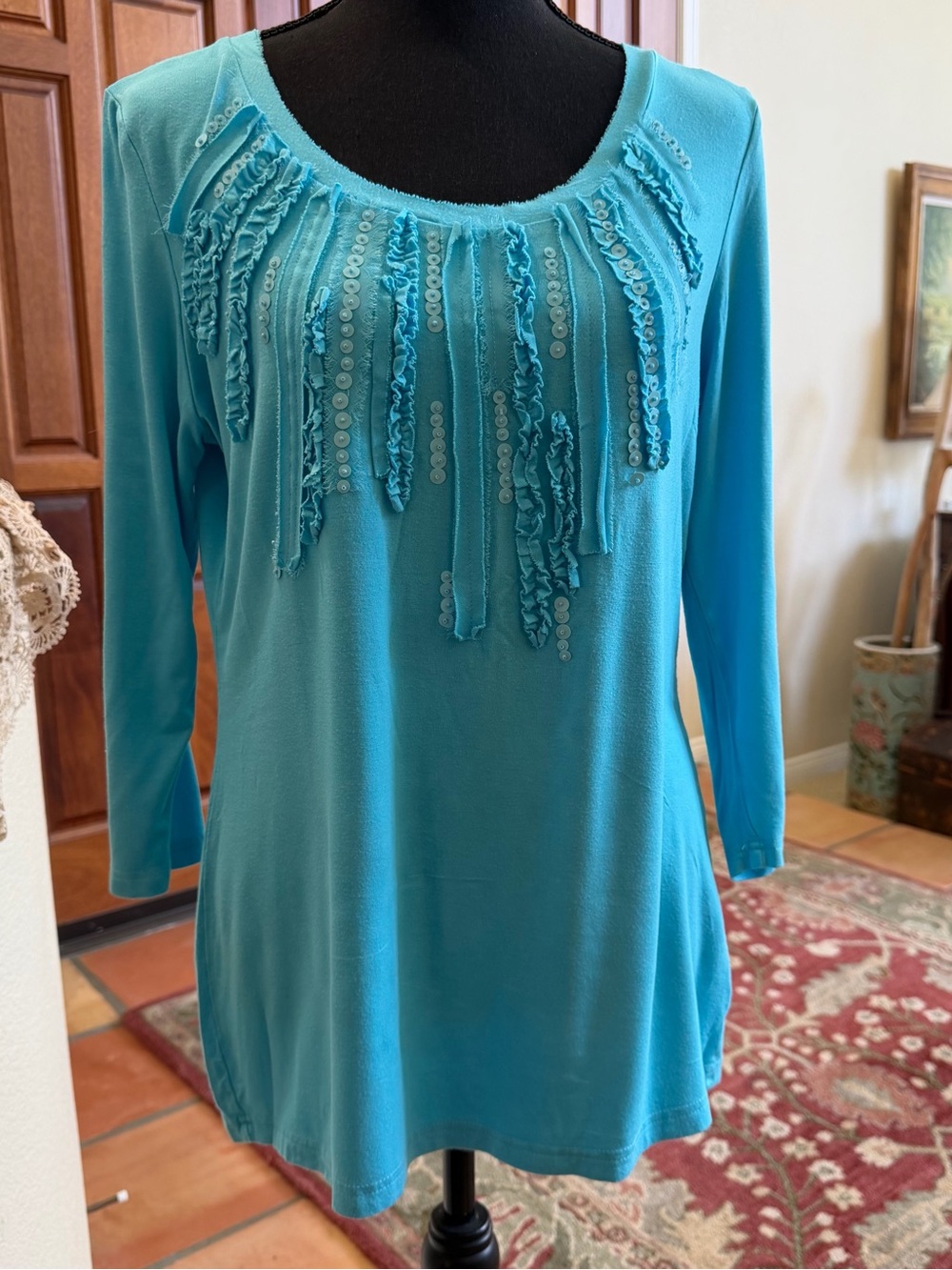 Ali Miles Turquoise Ruffle & Sequin Long Sleeve Top